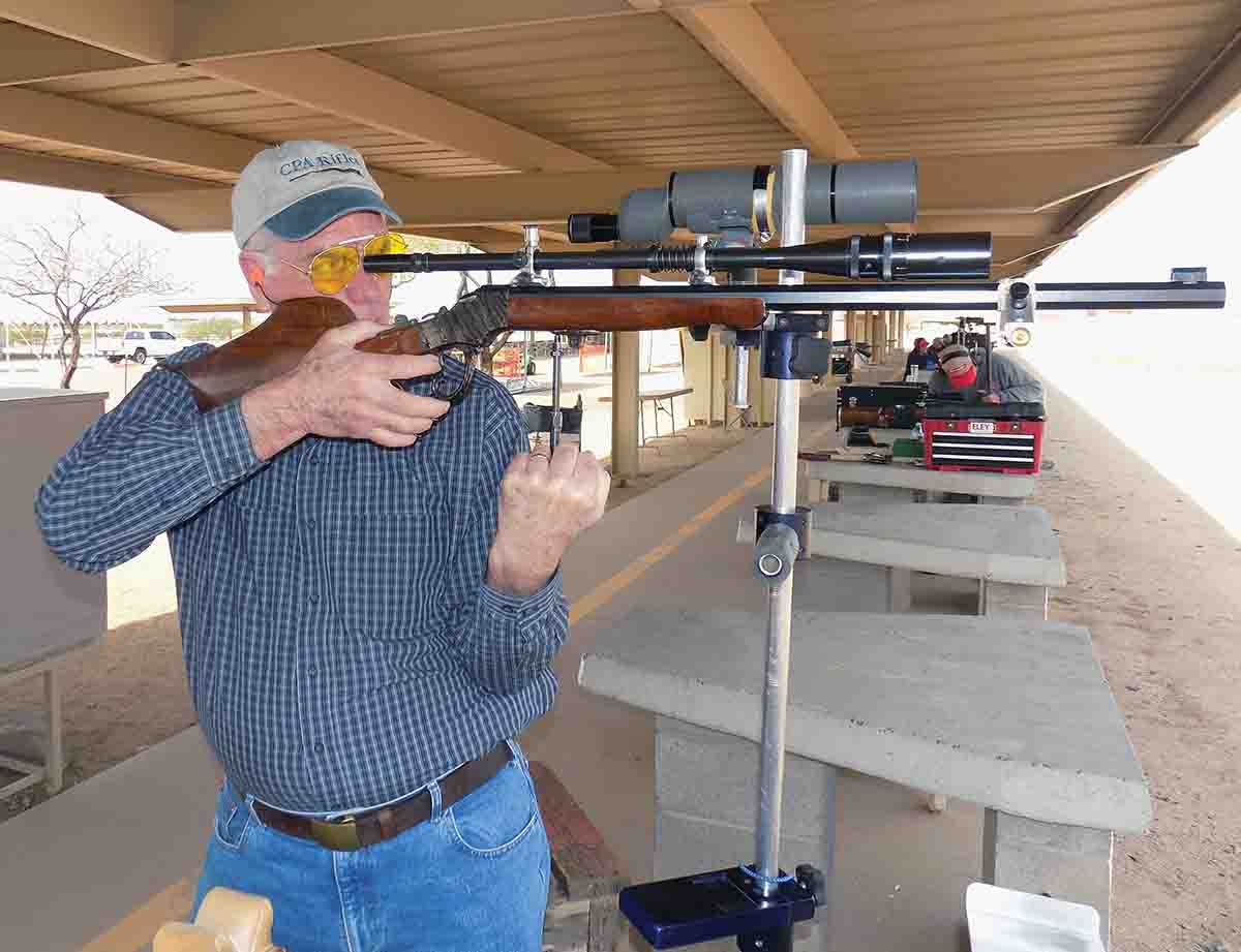 Mike Painter showing good offhand form with his CPA Stevens rifle.